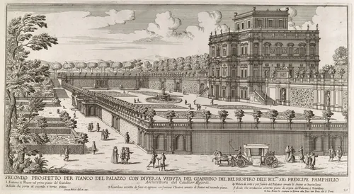 View of the side facade of the Palazzo Pamphili and its garden (Secondo prospetto per fianco del palazzo con diversa veduta del giardino del Bel respiro...Pamphilio) by Simon Felice, print, 1677-1691