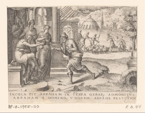 Abraham en Sara bij koning Abimelech by Unknown, print, 1569