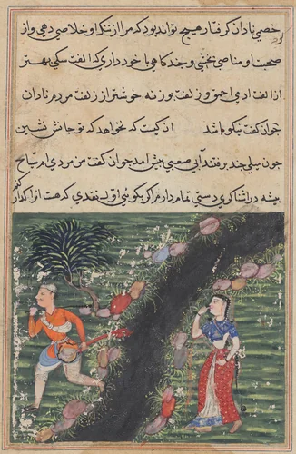 The vagabond crosses a stream with the possessions of the daughter-in-law of the king of Banaras and absconds, from a Tuti-nama (Tales of a Parrot): Sixteenth Night by Unknown, painting, 1555-1565