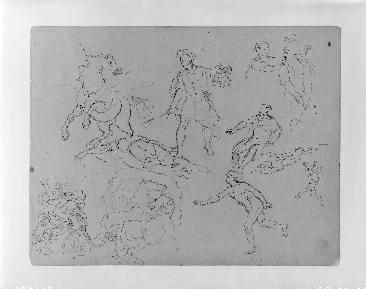 Figure Sketches, Including Pegasus and Perseus with Head of Medusa; (Rape of Persephoney?) (from Sketchbook) by Thomas Sully, artwork, 1810-1820