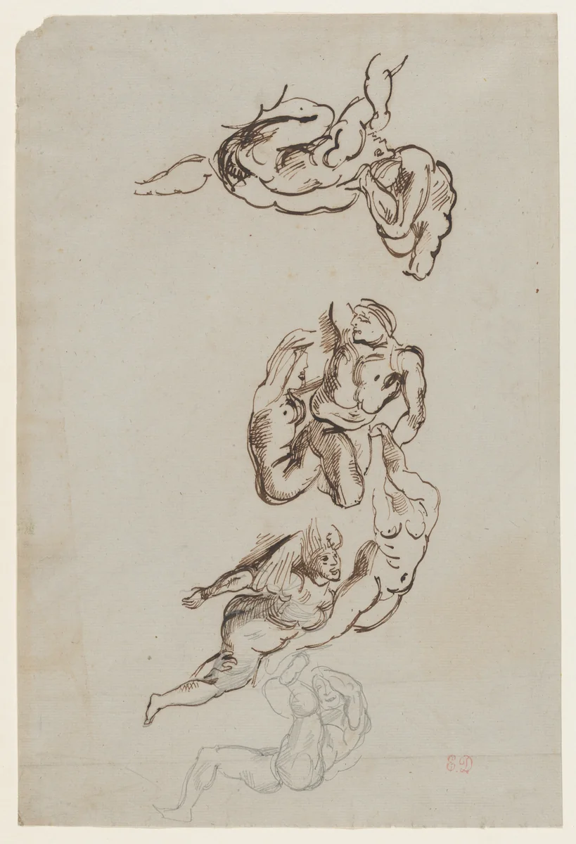 Figure Studies after Rubens's "The Fall of the Rebel Angels" by Eugène Delacroix, drawing, 1815-1825