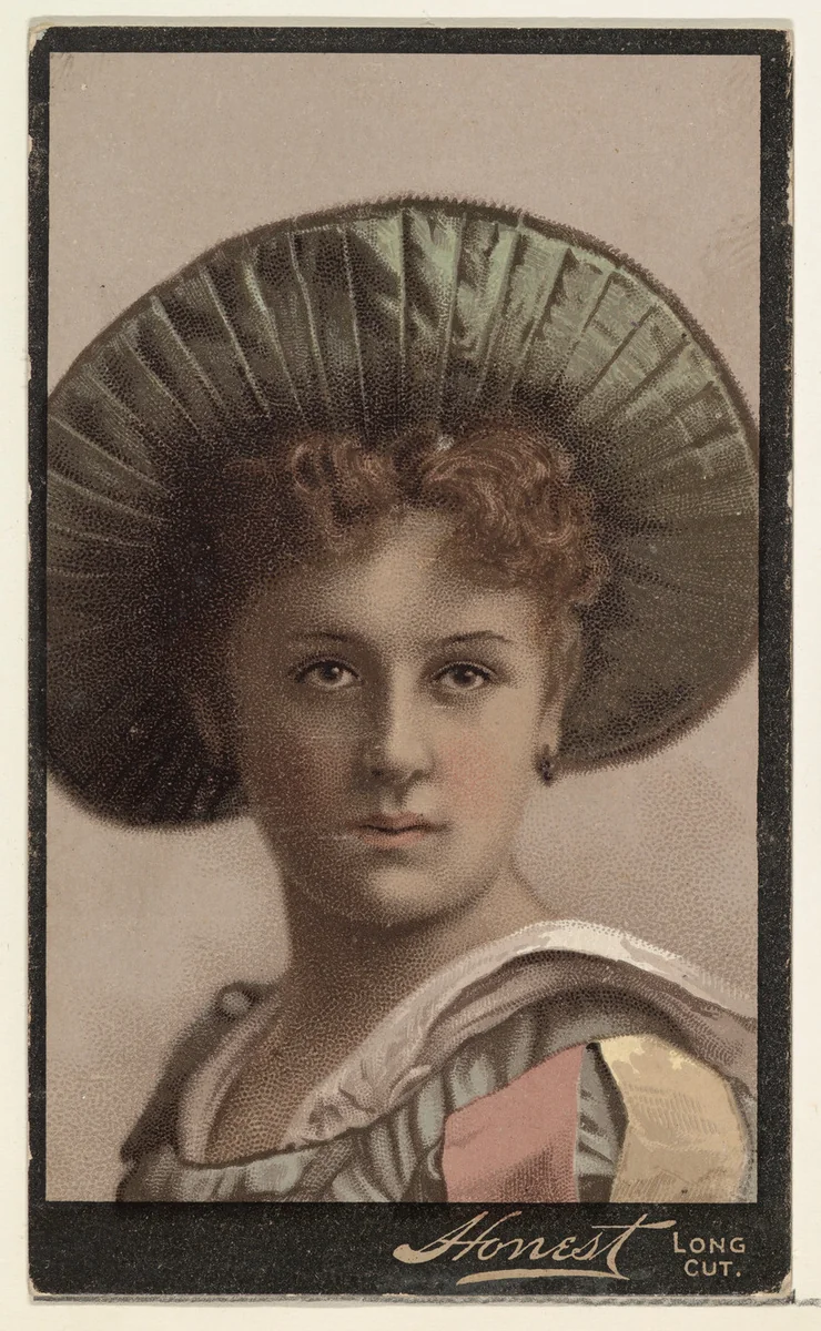 Actress wearing wide-brimmed hat lined with green folded fabric, from Stars of the Stage, Third Series (N131) issued by Duke Sons & Co. to promote Honest Long Cut Tobacco by W. Duke, Sons & Co., print, 1891-1892