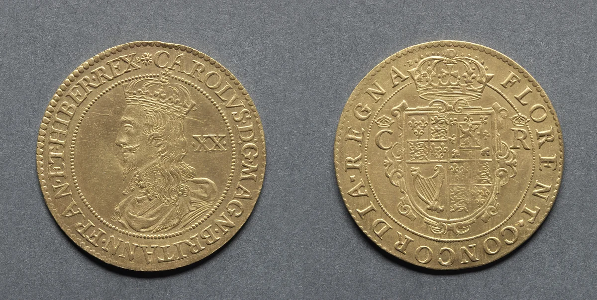 Unite: Charles I (obverse); Crowned Shield (reverse) by Nicholas Briot, metalwork, 1631-1632