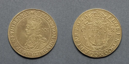 Unite: Charles I (obverse); Crowned Shield (reverse) by Nicholas Briot, metalwork, 1631-1632