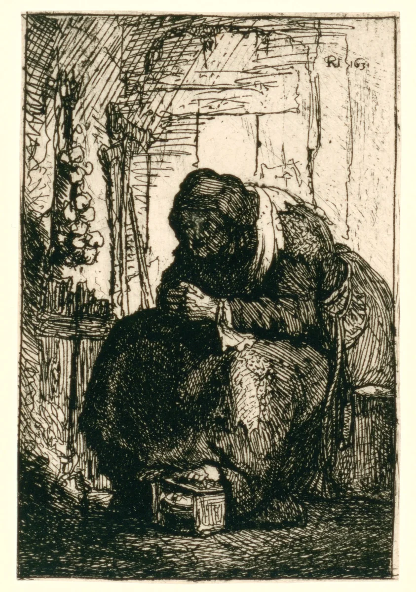 Old woman seated in a cottage, with a string of onions on the wall by Rembrandt van Rijn, print, 1629