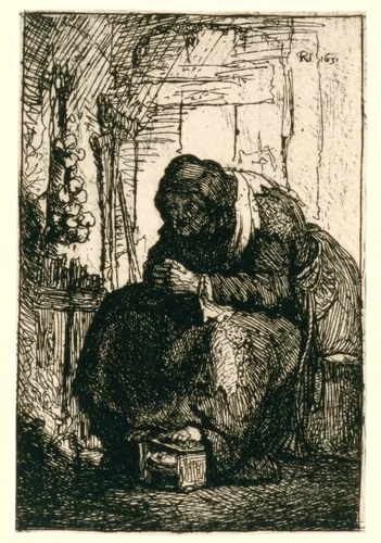Old woman seated in a cottage, with a string of onions on the wall by Rembrandt van Rijn, print, 1629