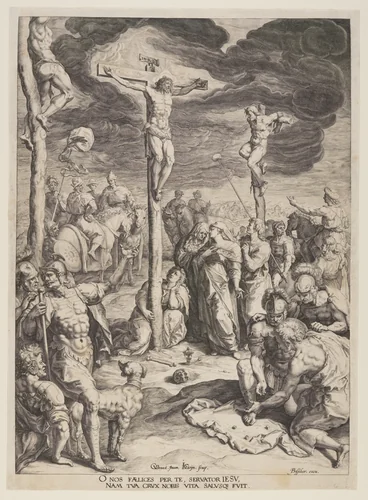 Christ on the Cross between Two Thieves by Jacques de Gheyn II, print, 1585-1595