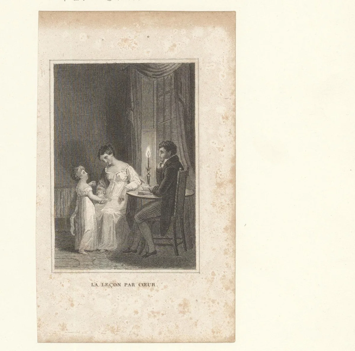 Kind draagt een les voor aan zijn ouders by anonymous, print, 1800-1899