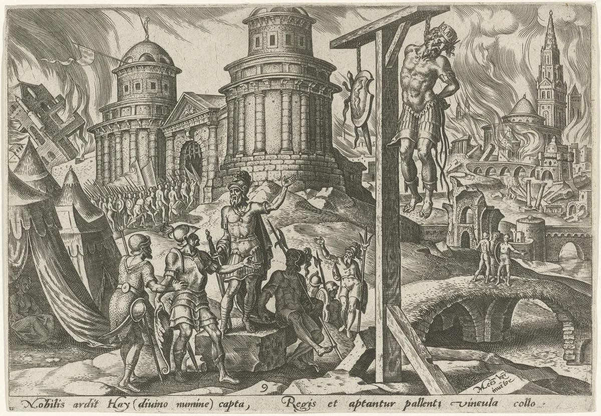 De koning van Ai wordt opgehangen by Philips Galle, print, 1569