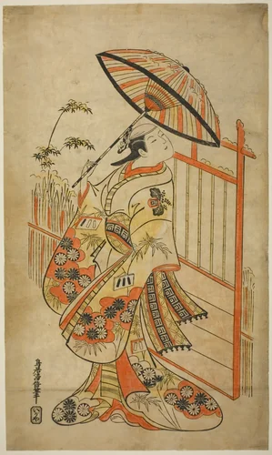 The Actor Sanogawa Mangiku I as Sanada, the daughter of the spinner Itoya, in the play "Hiragana Yomeiri Izu Nikki," performed at the Nakamura Theater in the eleventh month, 1718 by Torii Kiyomasu II (鳥居 清倍), print, 1713-1723