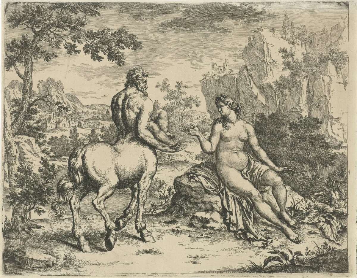 Ocyrhoë voorspelt het lot van Chiron en Asclepius by Willem van Mieris, print, 1684-1747
