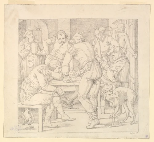 Five Men at a table in German Renaissance costume, playing cards in an inn by Paul Mila, drawing, 1825