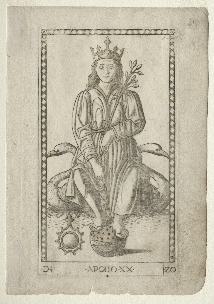 Apollo (from the Tarocchi, series D: Apollo and the Muses, #20) by Master of the E-Series Tarocchi, print, 1457-1467
