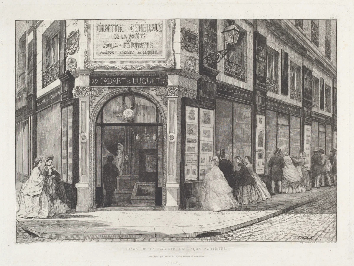 Siège de la Société des Aquafortistes by Adolphe Théodore Jules Martial Potémont, print, 1864