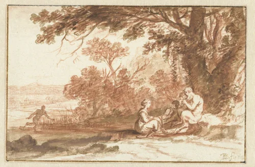 Landschap met de nimf Corsica en de satyr by Bartholomeus Breenbergh, drawing, 1640-1649