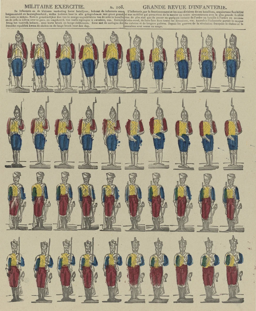 Militaire exercitie / Grande revue d'infanterie by Philippus Jacobus Brepols, print, 1800-1833