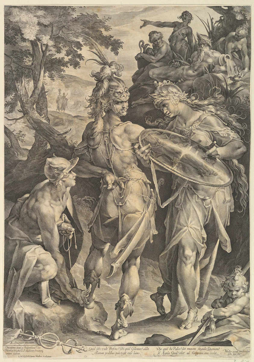 Minerva and Mercury Arming Perseus by Jan Muller, print, 1604