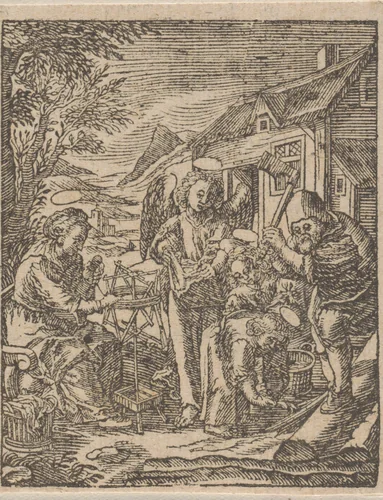 Christuskind raapt houtsnippers op by Christoffel van Sichem, print, 1617-1658