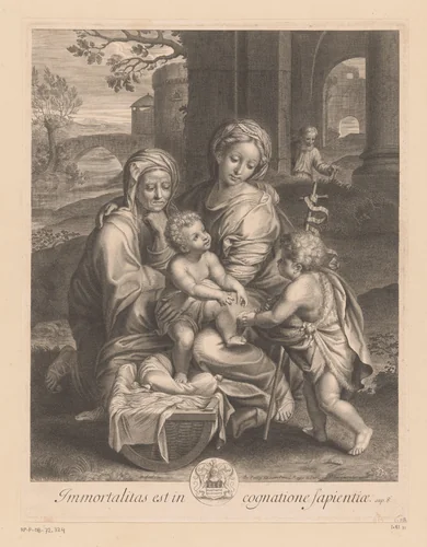 Heilige Familie met Anna en Johannes by François de Poilly, print, 1640-1670