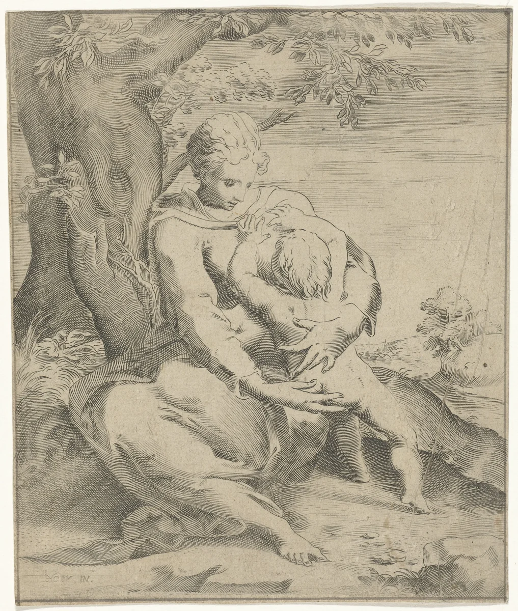 Moeder en kind onder een boom by Jan de Hoey, print, 1555-1615