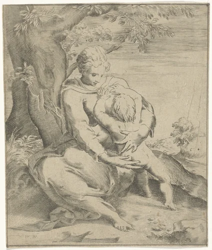 Moeder en kind onder een boom by Jan de Hoey, print, 1555-1615