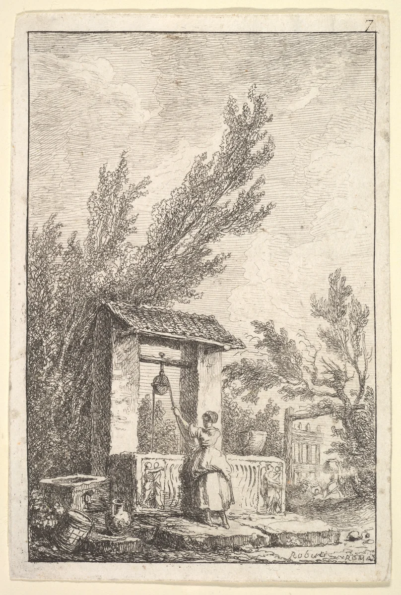 Plate 7: The Well: a young woman in center, seen from behind, drawing water from a well that is decorated with reliefs from an ancient sarcophagus, from "Les soirées de Rome" by Hubert Robert, print, 1763-1764