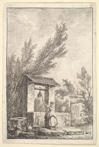 Plate 7: The Well: a young woman in center, seen from behind, drawing water from a well that is decorated with reliefs from an ancient sarcophagus, from "Les soirées de Rome" by Hubert Robert, print, 1763-1764