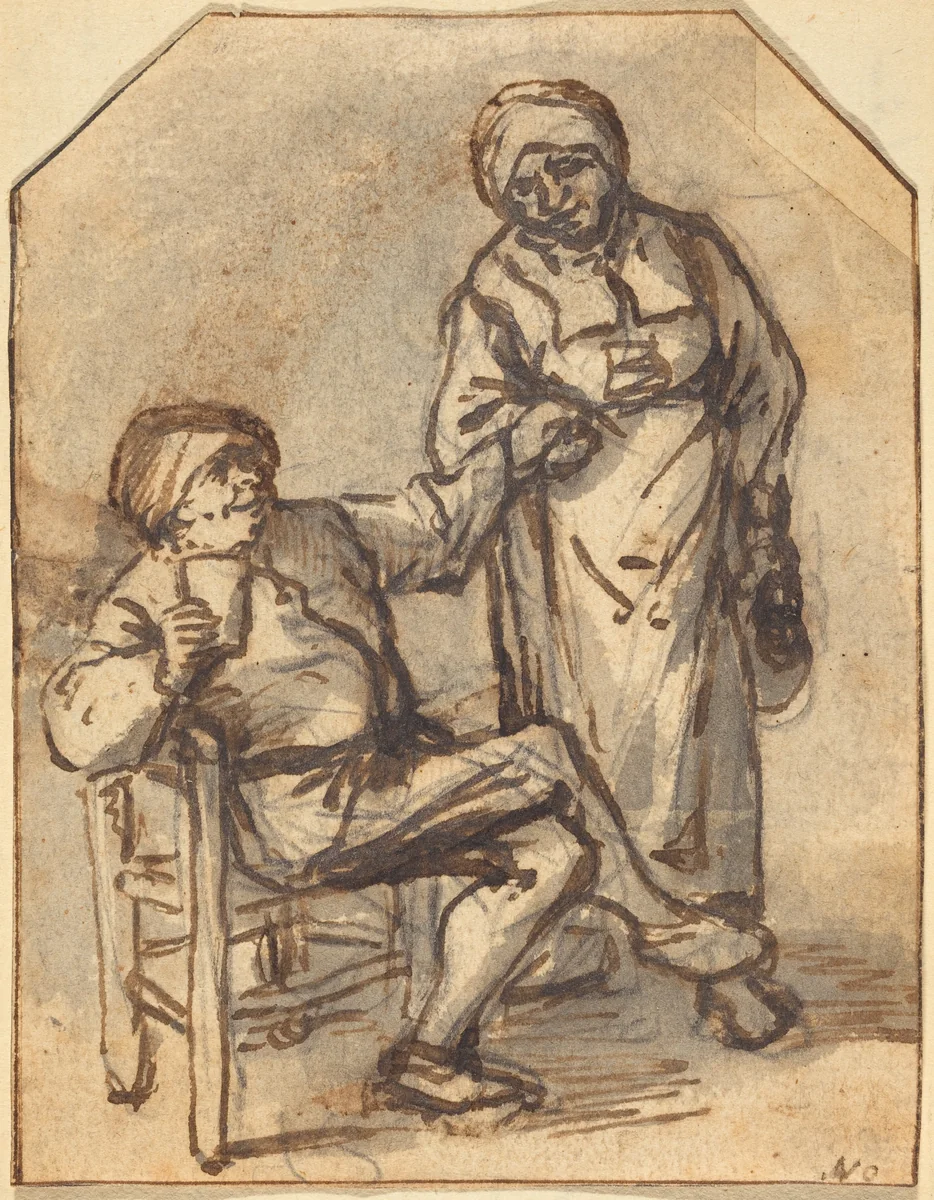 Two Peasants Drinking by Adriaen van Ostade, drawing, 1647-1650