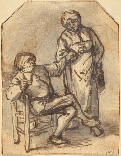 Two Peasants Drinking by Adriaen van Ostade, drawing, 1647-1650