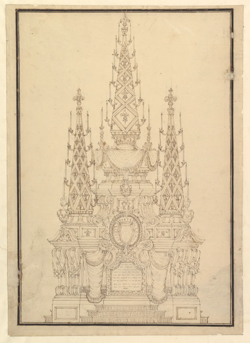Elevation of a Catafalque, Three Obelisks with Fleur-de-lys and Candles by Giuseppe Galli Bibiena, drawing, 1733