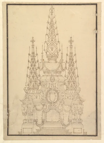 Elevation of a Catafalque, Three Obelisks with Fleur-de-lys and Candles by Giuseppe Galli Bibiena, drawing, 1733