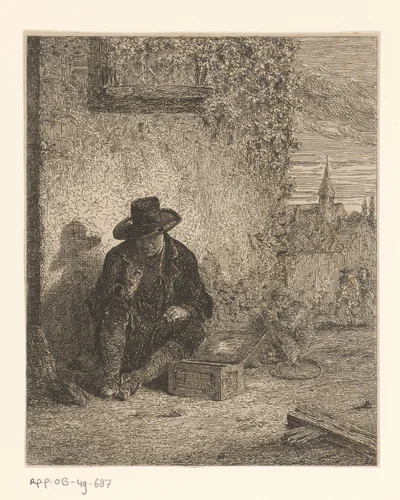 Man met hoed gezeten op de hoek van een straat bij een kist en aap by Guillaume Joseph Vertommen, print, 1825-1863