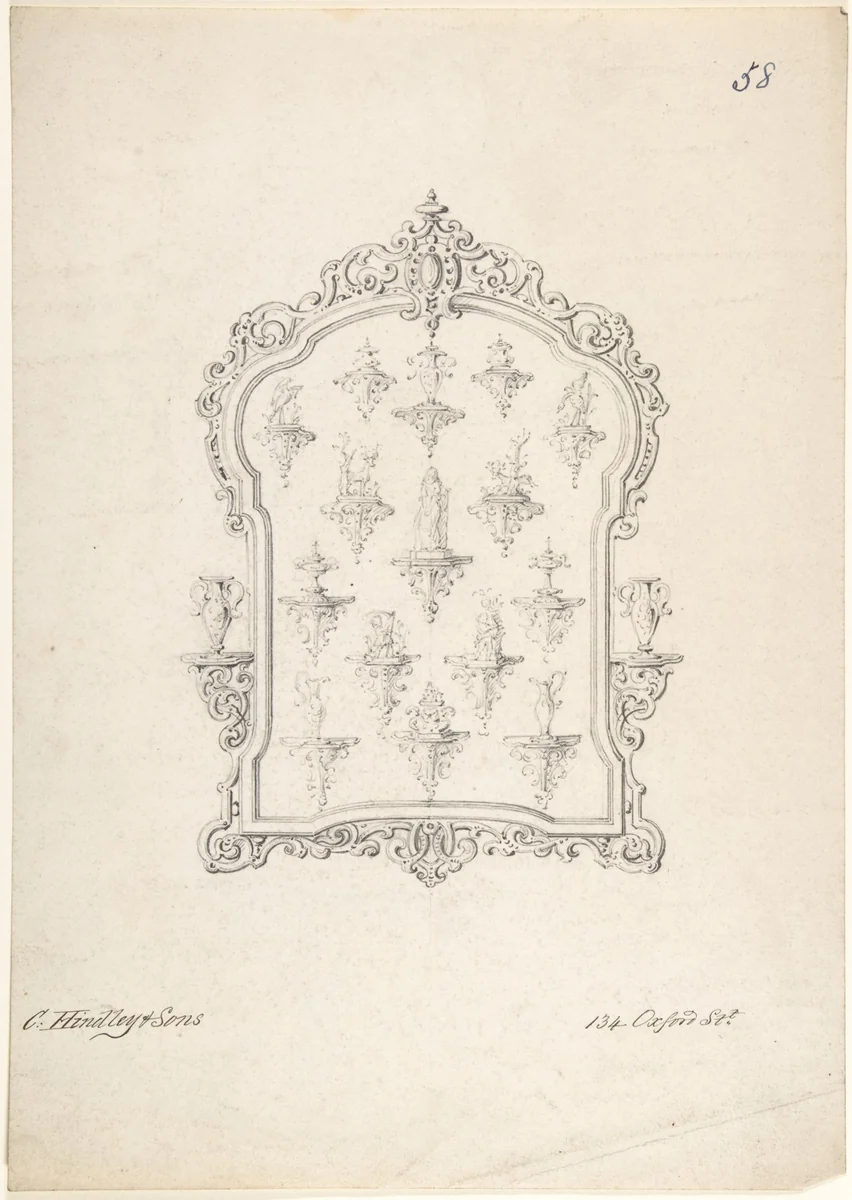 Design for a Frame and Sketches of Wall Displays by Charles Hindley and Sons, drawing, 1841-1884