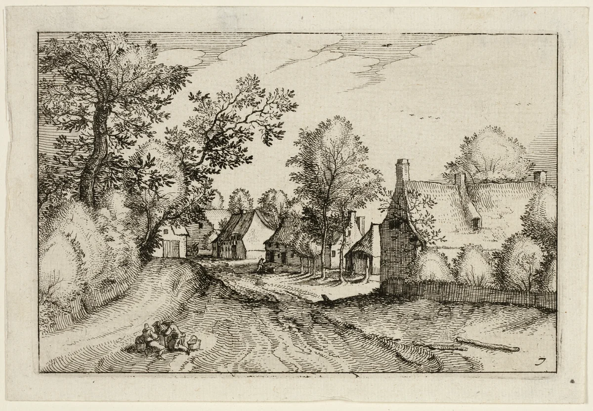 A Village Road, plate seven after Pictures of Farms, Country Houses and Rustic Villages (Praediorum villarum et rusticarum casularum icones) by Claes Jansz Visscher, print, 1612
