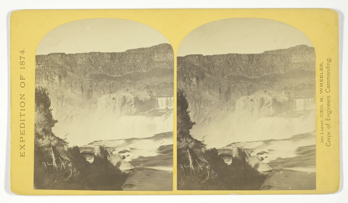 Shoshone Falls, Snake River, Idaho, Main Fall, 210 feet from upper to lower level, width of fall, 800 feet from upper to lower level; Height of Cañon wall at the falls, 1.000 feet. A number of minor falls, Islands, and boulder rocks above the main fall add beauty to the lonely majesty of this scene, No. 48 from the series "Geographical Explorations and Surveys West of the 100th Meridian" by Timothy O'Sullivan, photograph, 1874