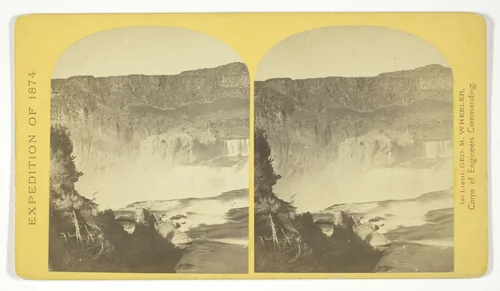Shoshone Falls, Snake River, Idaho, Main Fall, 210 feet from upper to lower level, width of fall, 800 feet from upper to lower level; Height of Cañon wall at the falls, 1.000 feet. A number of minor falls, Islands, and boulder rocks above the main fall add beauty to the lonely majesty of this scene, No. 48 from the series "Geographical Explorations and Surveys West of the 100th Meridian" by Timothy O'Sullivan, photograph, 1874