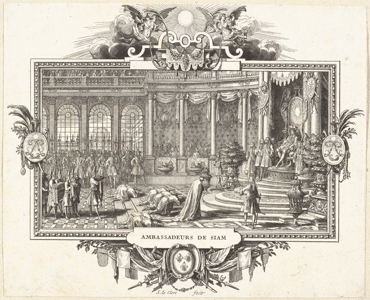 Ambassador of Siam before Louis XIV by Sébastien Leclerc, print, 1650-1714