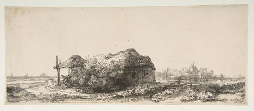 Landscape with a Cottage and a Haybarn by Rembrandt van Rijn, print, 1641