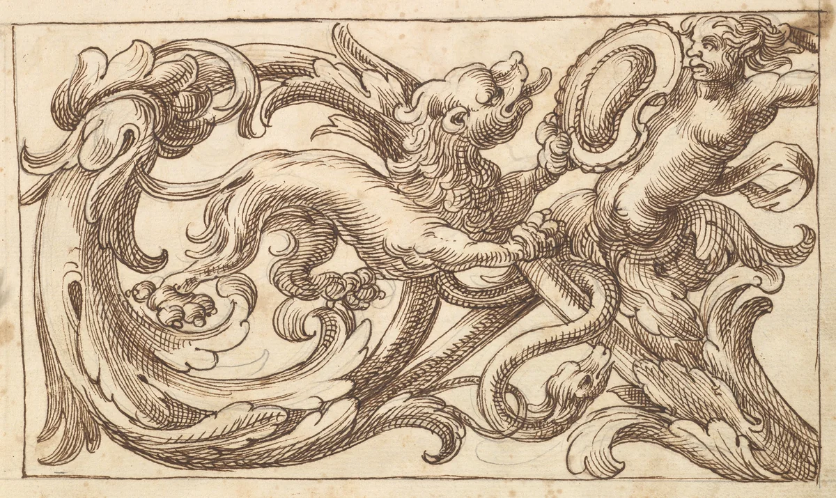 Horizontal Panel Design with a Male Figure and a Lion Interspersed between Acanthus Rinceaux by anonymous, drawing, 1600-1650