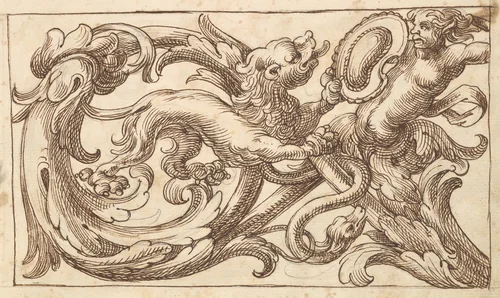 Horizontal Panel Design with a Male Figure and a Lion Interspersed between Acanthus Rinceaux by anonymous, drawing, 1600-1650