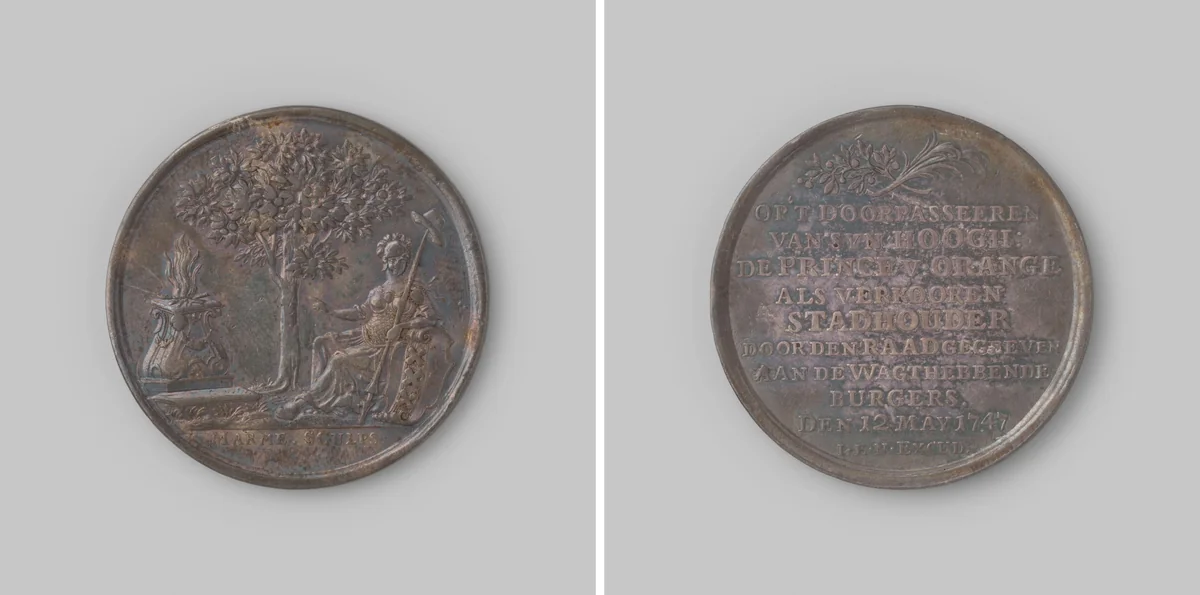 Gedenkpenning vereerd aan de wachthebbende burgers van Amsterdam, ter herinnering aan het verblijf van Prins Willem IV te Amsterdam op 11 en 12 mei by Johann Conrad Marmé, metalwork, 1747