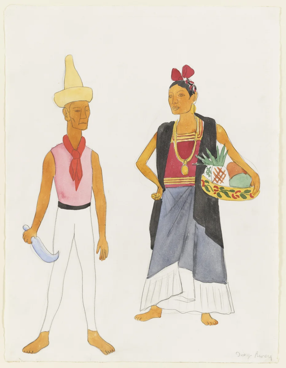 Two Standing Mexican Figures (Fruit Vendors from Tehuantepec). Costume design for the ballet H.P. (Horsepower) by Diego Rivera, drawing, 1927