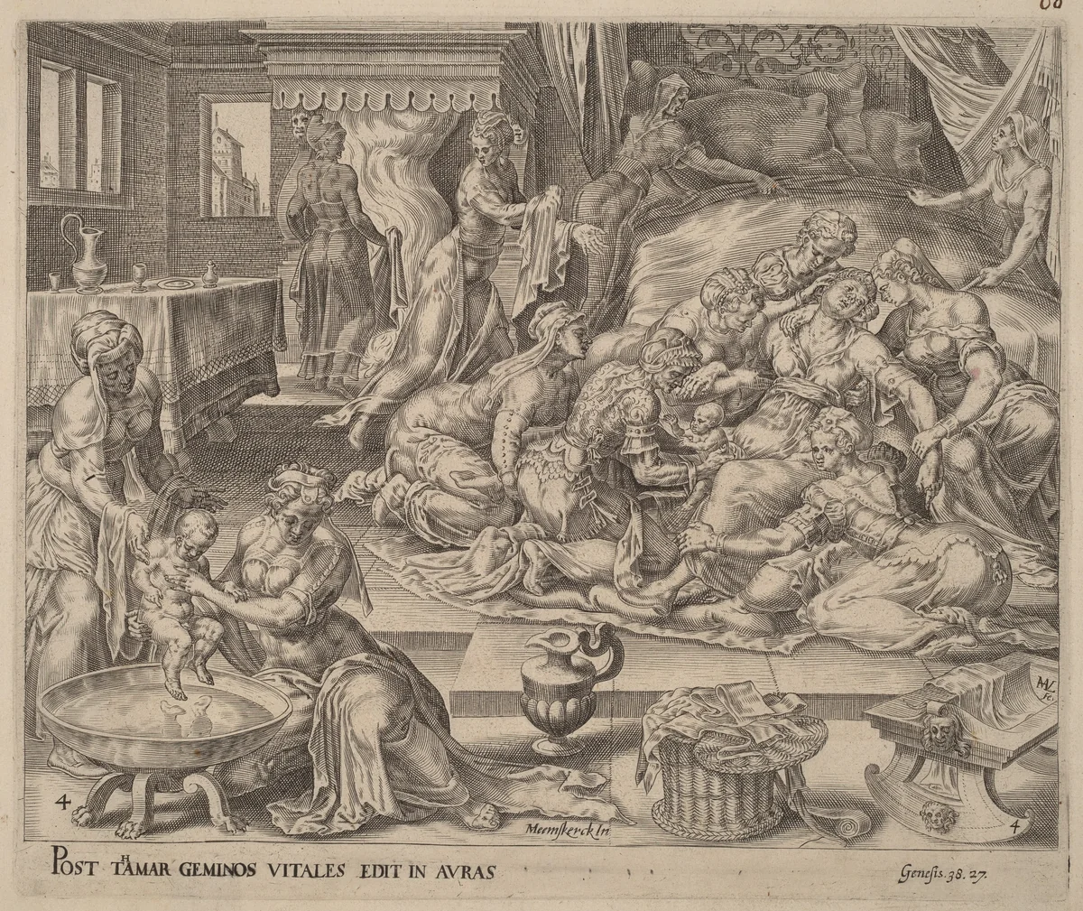 Birth of Pharez and Zara by Herman Jansz Muller; Maerten van Heemskerck, print, 1566