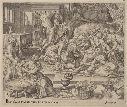 Birth of Pharez and Zara by Herman Jansz Muller; Maerten van Heemskerck, print, 1566