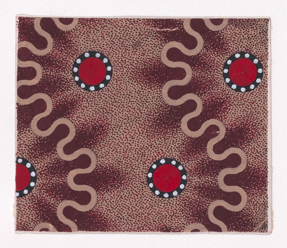 Textile Design with a Stippled Background and Vertical Stripes of Alternating Circles of Framed by a Ribbon Adorned with Pearls Separated by Undulating Garlands of Ribbons by anonymous, drawing, 1840