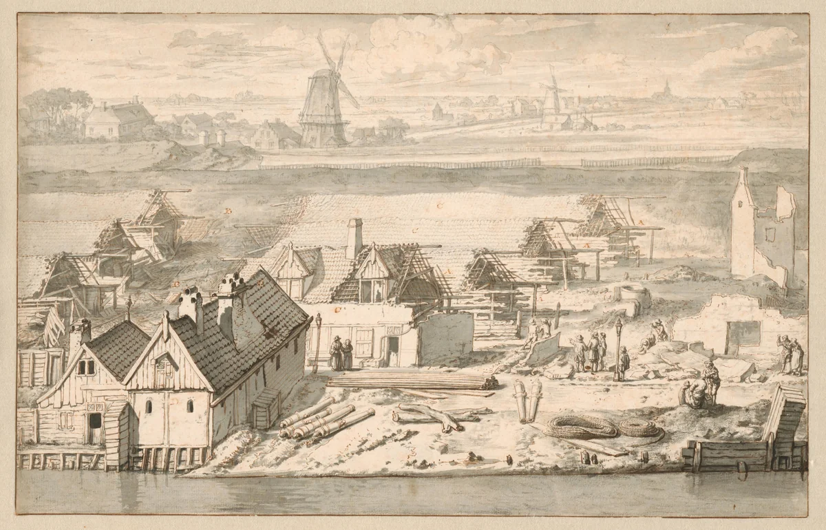 Ruïnes van de drie uitgebrande lijnbanen op de schans aan de Smallepadsgracht, 1680 by Jan van der Heyden, drawing, 1680-1690