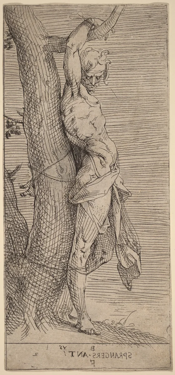 St. Sebastian, Bound to a Tree by Bartholomaeus Spranger, print, 1584-1594