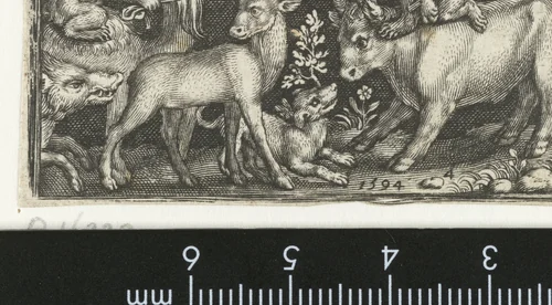 Apen zittend op kameel en stier met gevangen hert by Unknown, print, 1594