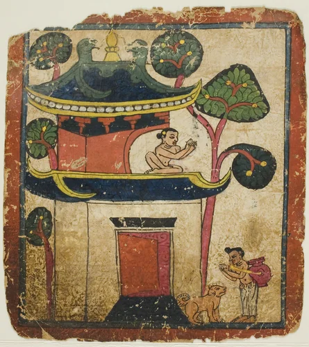 Scene from the Story of Buddha Ushnisha, from a Set of Initiation Cards (Tsakali) by Southern Tibet, painting, 1301-1500
