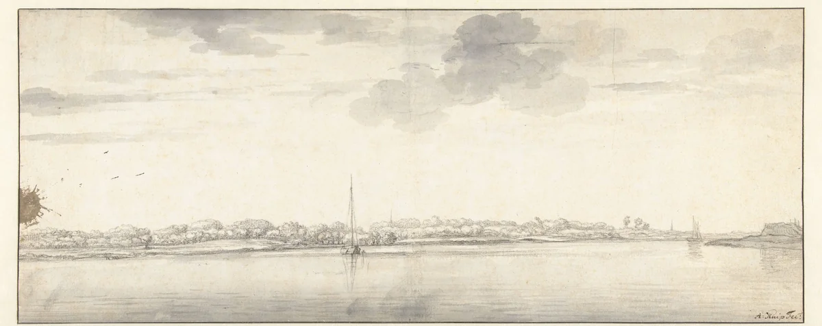 Uitgestrekt riviergezicht met schepen op kalm water by Aelbert Cuyp, drawing, 1630-1691